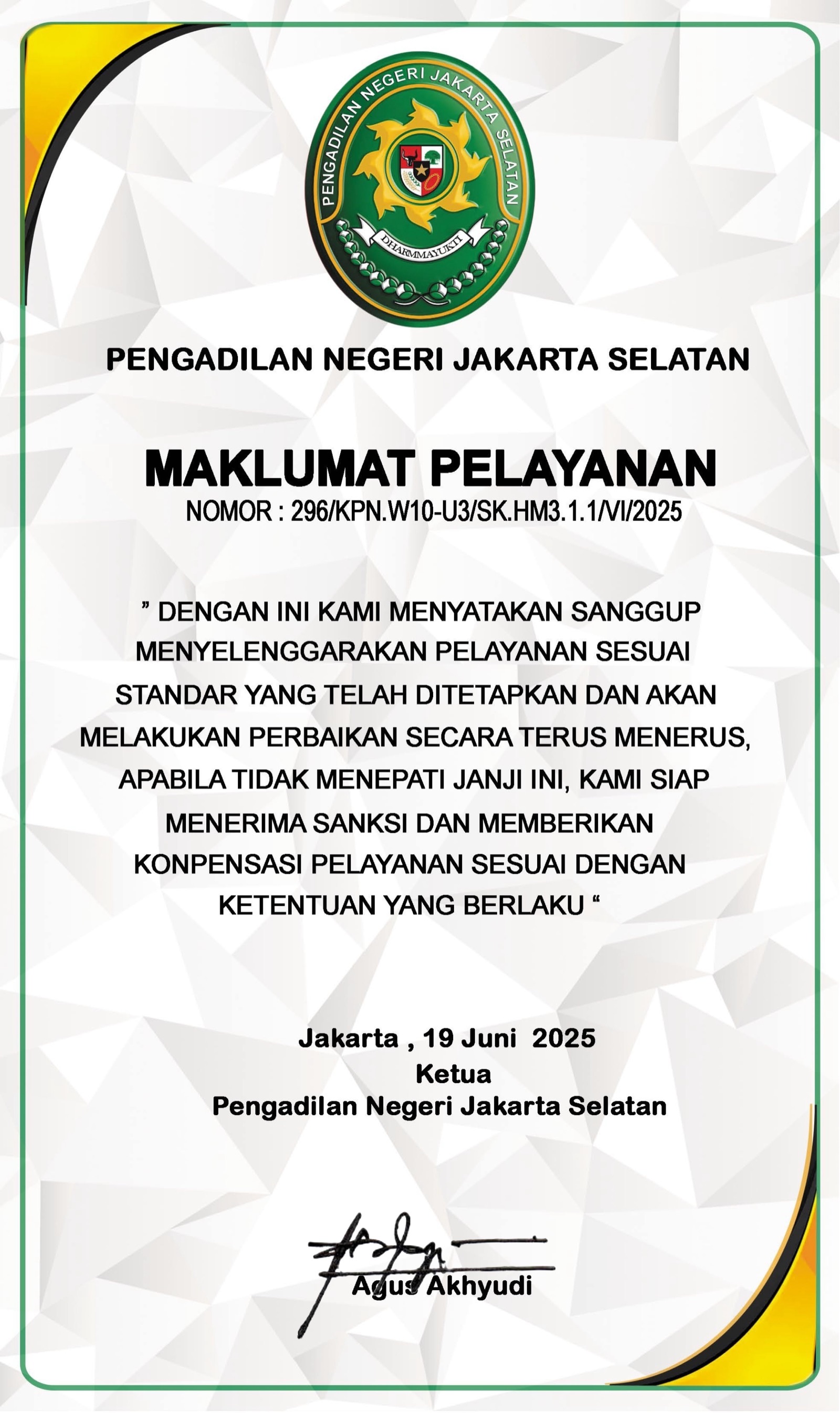 Maklumat Pelayanan Pengadilan Negeri Jakarta Selatan