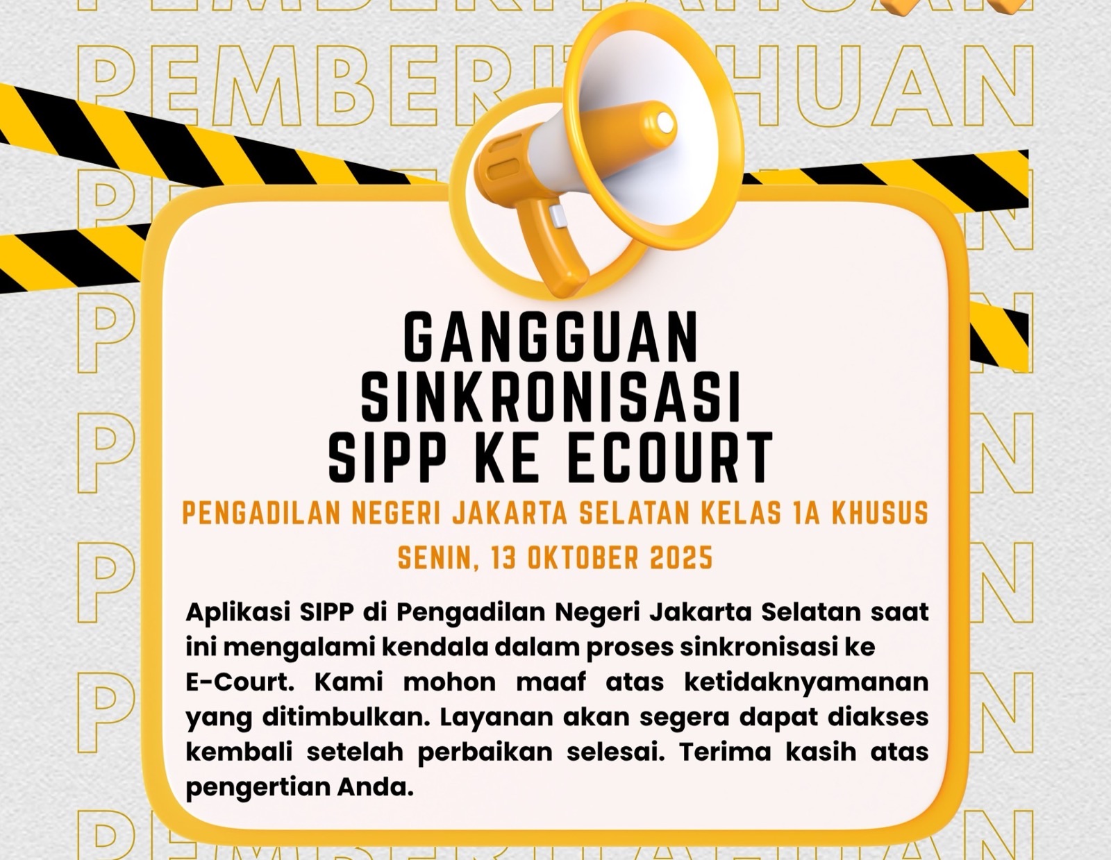 Pemberitahuan Gangguan Sinkronisasi SIPP ke e-Court