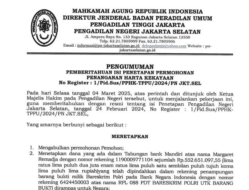PENGUMUMAN PEMBERITAHUAN ISI PENETAPAN PERMOHONAN PENANGANAN HARTA KEKAYAAN No.Register 1/Pid.Sus/PPHK-TPPU/2024/PN.Jkt.Sel