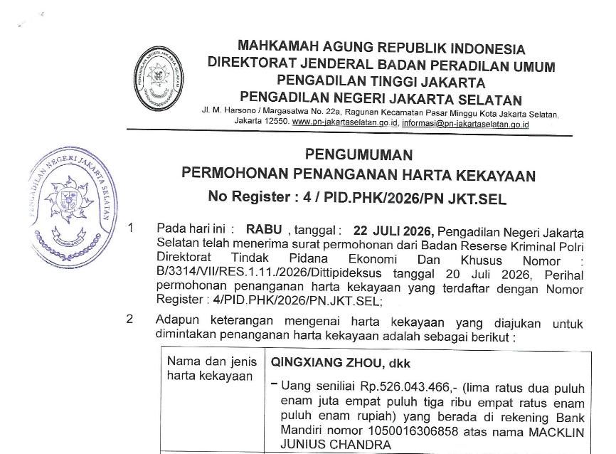 Lampiran pengumuman Pengumuman Permohonan Penanganan Harta Kekayaan No Register: 4/PID.PHK/2026/PN JKT.SEL