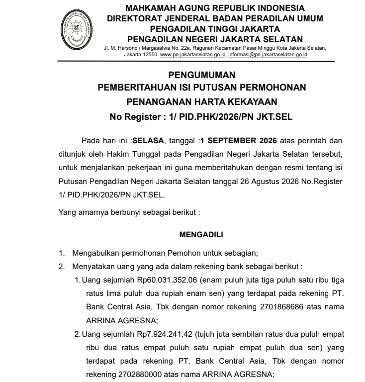 Lampiran pengumuman Pengumuman Pemberitahuan Isi Putusan Permohonan Penanganan Harta Kekayaan No Register: 1/PID.PHK/2026/PN JKT.SEL